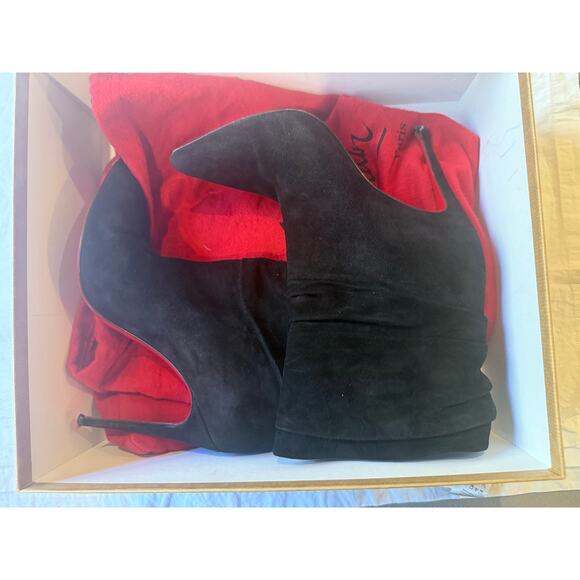Christian Louboutin Ishtar Booty 100 Black Suede Red Sole Stiletto Boots 37.5 - Picture 4 of 5